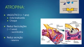 ATROPINA:
 VAGOLÍTICO (< 1 ano)
 Evita bradicardia
 Choque
 Reduz fasciculações
( < 5 anos)
- succinilcolina
 Reduz secreção:
- ketamina
 