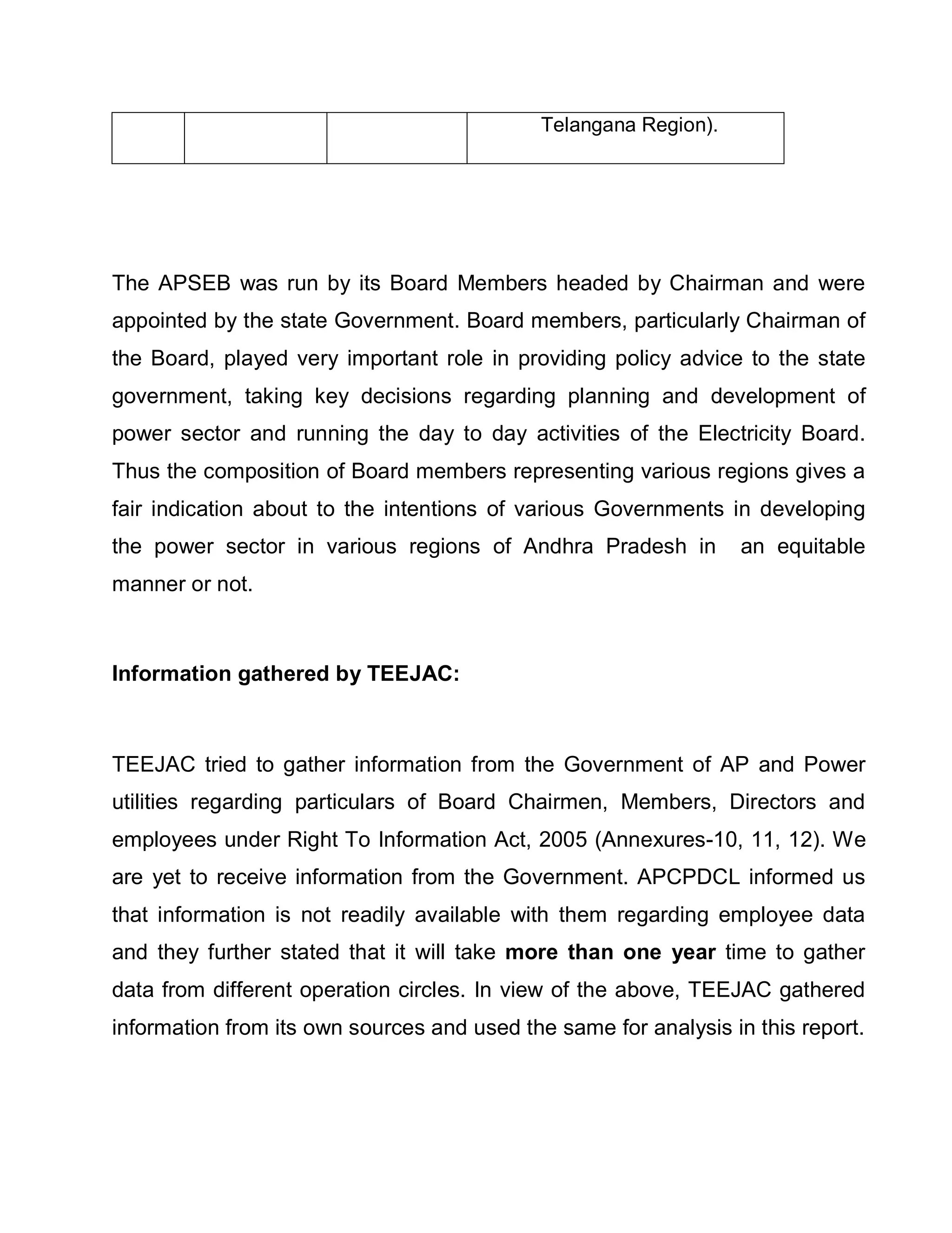 Telangana Region).




The APSEB was run by its Board Members headed by Chairman and were
appointed by the state Government. Board members, particularly Chairman of
the Board, played very important role in providing policy advice to the state
government, taking key decisions regarding planning and development of
power sector and running the day to day activities of the Electricity Board.
Thus the composition of Board members representing various regions gives a
fair indication about to the intentions of various Governments in developing
the power sector in various regions of Andhra Pradesh in          an equitable
manner or not.



Information gathered by TEEJAC:



TEEJAC tried to gather information from the Government of AP and Power
utilities regarding particulars of Board Chairmen, Members, Directors and
employees under Right To Information Act, 2005 (Annexures-10, 11, 12). We
are yet to receive information from the Government. APCPDCL informed us
that information is not readily available with them regarding employee data
and they further stated that it will take more than one year time to gather
data from different operation circles. In view of the above, TEEJAC gathered
information from its own sources and used the same for analysis in this report.
 