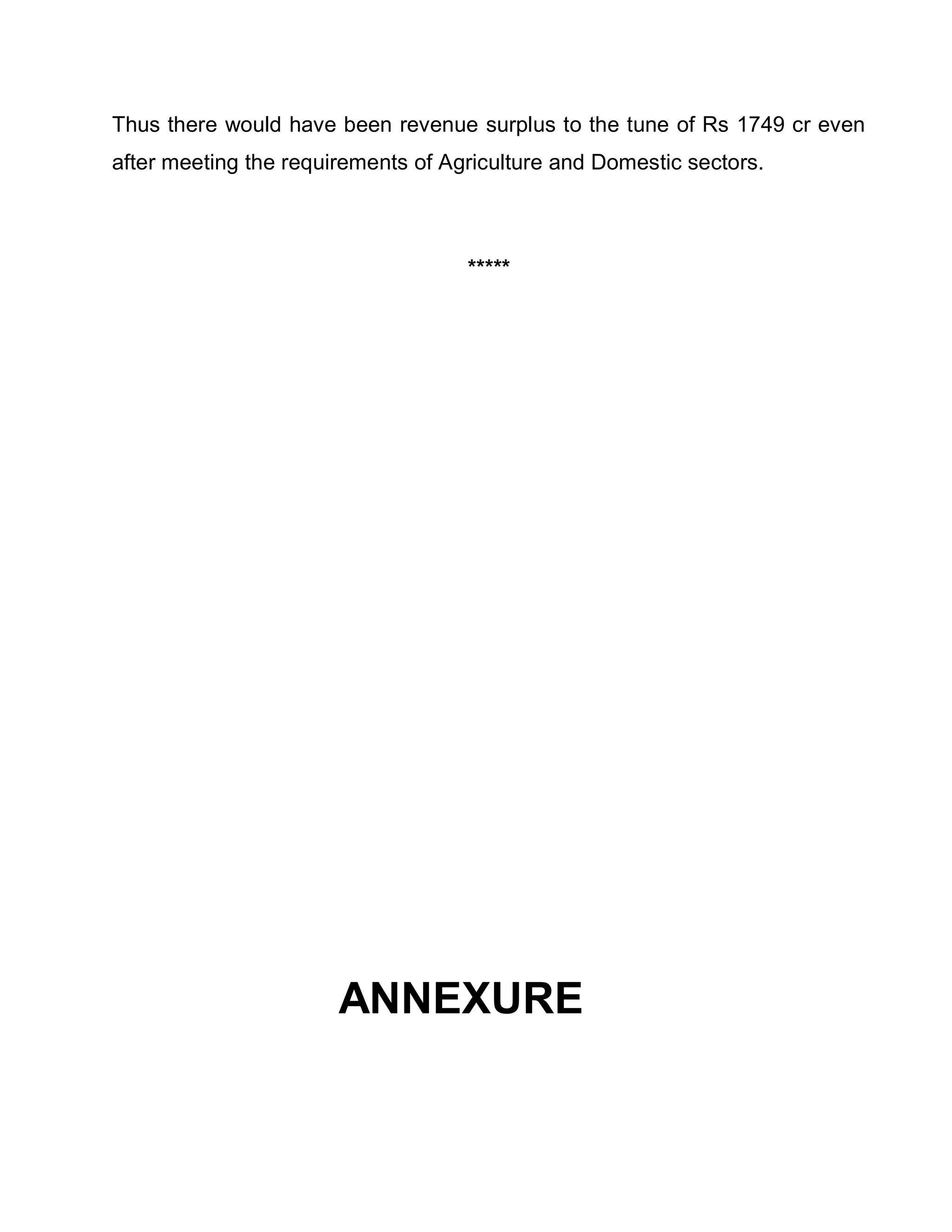 Thus there would have been revenue surplus to the tune of Rs 1749 cr even
after meeting the requirements of Agriculture and Domestic sectors.



                                    *****




                       ANNEXURE
 