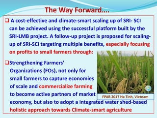 The Way Forward….
 A cost-effective and climate-smart scaling up of SRI- SCI
can be achieved using the successful platfor...