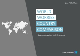 22World Worries | September 2016 | Version 1 | Public | © Ipsos 2016
WORRIES
COUNTRY
COMPARISON
• Country comparison of all 17 concerns
WORLD
 