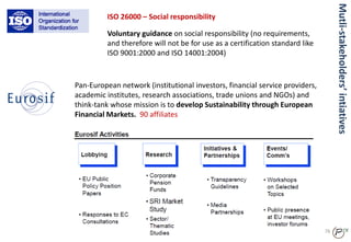 76
ISO 26000 – Social responsibility
Voluntary guidance on social responsibility (no requirements,
and therefore will not be for use as a certification standard like
ISO 9001:2000 and ISO 14001:2004)
Pan-European network (institutional investors, financial service providers,
academic institutes, research associations, trade unions and NGOs) and
think-tank whose mission is to develop Sustainability through European
Financial Markets. 90 affiliates
Mutli-stakeholders’intiatives
 