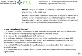 78
Several goals direct GSIA’s work :
1) to deepen the impact and visibility of GSIA members at the global level and to communicate
about the distinctive role in national, regional and international arenas
2) to enhance the synergies between GSIA members
3) to undertake initiatives that would benefit from global coordination, and to enable GSIA
members to support and supplement each other’s work where cross-border (regional and
international) collaboration is needed or occurring
4) to enable GSIA members to be strong, effective and productive within their regional and
national markets
5) to provide advice and support, where possible, to local and regional sustainable investment
organizations
Mission : deepen the impact and visibility of sustainable investment
organizations at the global level
Vision : a world where sustainable investment is integrated into financial
systems and the investment chain and where all regions of the world
have coverage by vigorous membership based institutions that represent
and advance the sustainable investment community
(collaboration of 7 of the largest sustainable investment
membership organizations in the world)
 