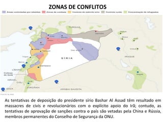 ZONAS DE CONFLITOS
As tentativas de deposição do presidente sírio Bashar Al Assad têm resultado em
massacres de civis e revolucionários com o explícito apoio do Irã; contudo, as
tentativas de aprovação de sanções contra o país são vetadas pela China e Rússia,
membros permanentes do Conselho de Segurança da ONU.
 