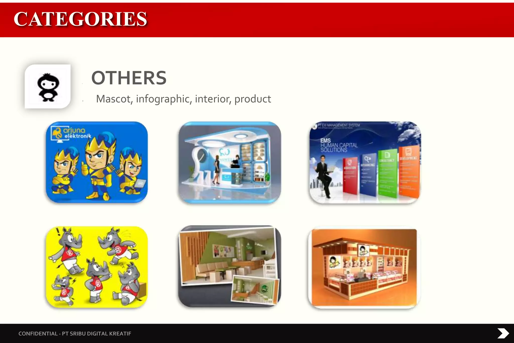 CONFIDENTIAL - PT SRIBU DIGITAL KREATIF
‣ OTHERS
‣ Mascot, infographic, interior, product
CATEGORIES
 