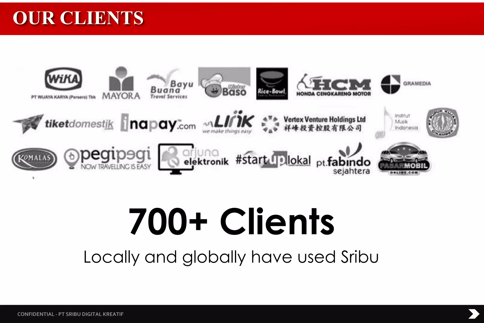CONFIDENTIAL - PT SRIBU DIGITAL KREATIF
700+ Clients
Locally and globally have used Sribu
OUR CLIENTS
 