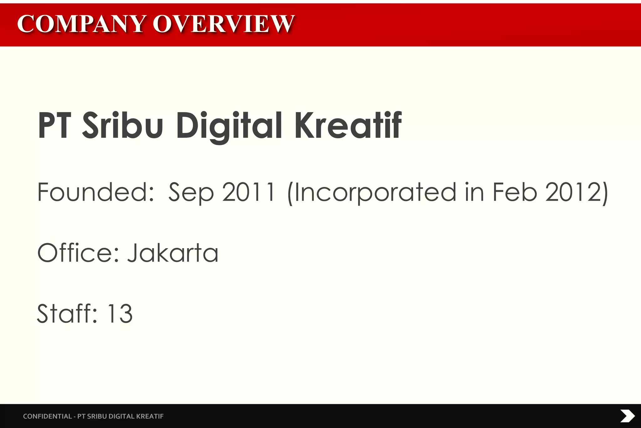 CONFIDENTIAL - PT SRIBU DIGITAL KREATIF
PT Sribu Digital Kreatif
Founded: Sep 2011 (Incorporated in Feb 2012)
Office: Jakarta
Staff: 13
COMPANY OVERVIEW
 