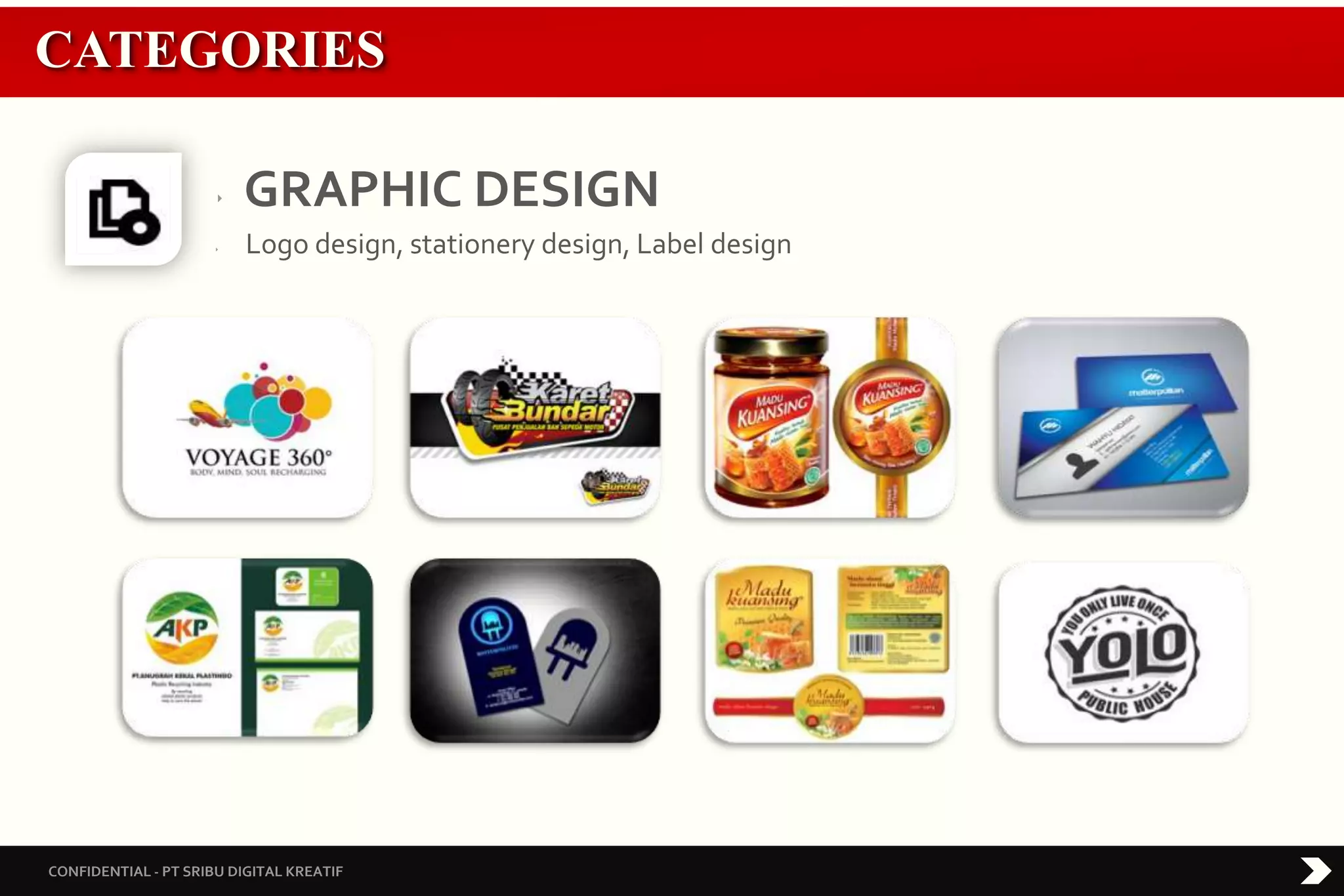 CONFIDENTIAL - PT SRIBU DIGITAL KREATIF
‣ GRAPHIC DESIGN
‣ Logo design, stationery design, Label design
CATEGORIES
 