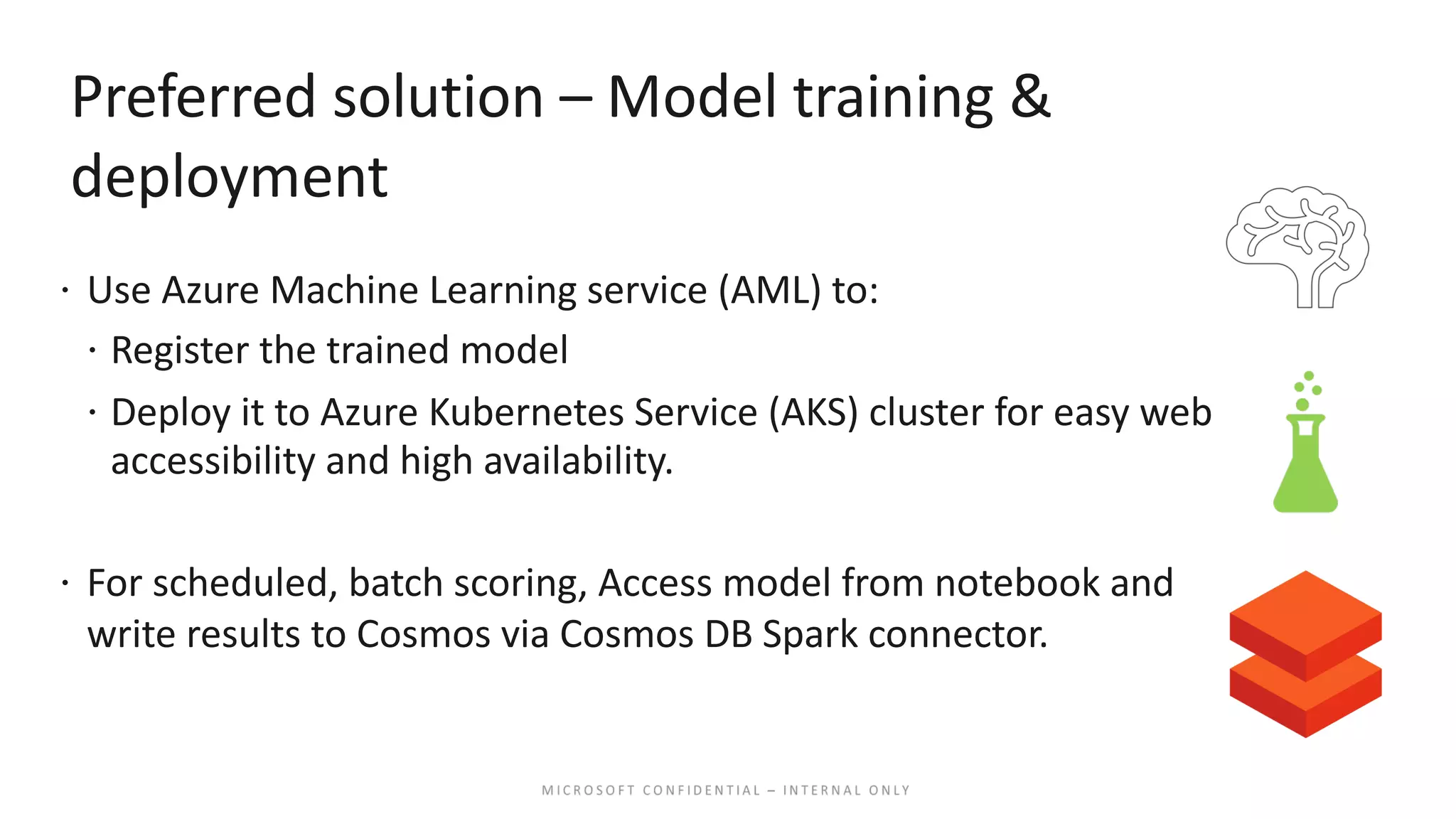 Preferred solution – Model training & deployment ž Use Azure Machine Learning service (AML) to: ž Register the trained model ž Deploy it to Azure Kubernetes Service (AKS) cluster for easy web accessibility and high availability. ž For scheduled, batch scoring, Access model from notebook and write results to Cosmos via Cosmos DB Spark connector. 