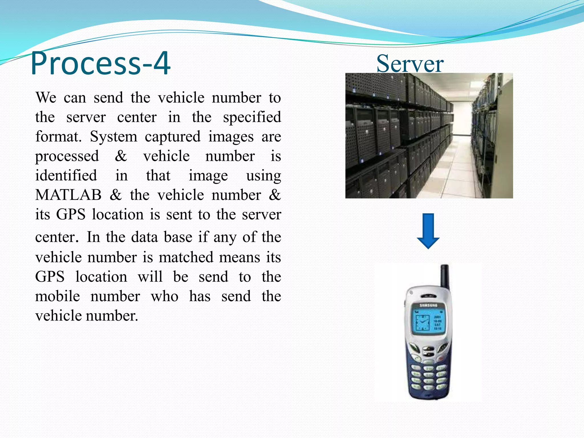 Process-4
We can send the vehicle number to
the server center in the specified
format. System captured images are
processed & vehicle number is
identified in that image using
MATLAB & the vehicle number &
its GPS location is sent to the server
center. In the data base if any of the
vehicle number is matched means its
GPS location will be send to the
mobile number who has send the
vehicle number.

Server

 