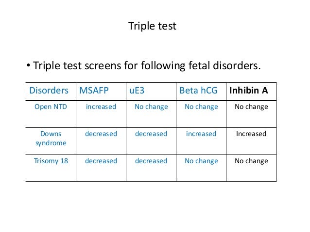 Triple test  â¢ Triple test screens for following fetal disorders.  Disorders MSAFP uE3 Beta hCG Inhibin A  Open NTD increa...