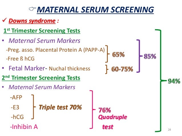 ïMATERNAL SERUM SCREENING  ï¼ Downs syndrome :  1st Trimester Screening Tests  â¢ Maternal Serum Markers  -Preg. asso. Place...