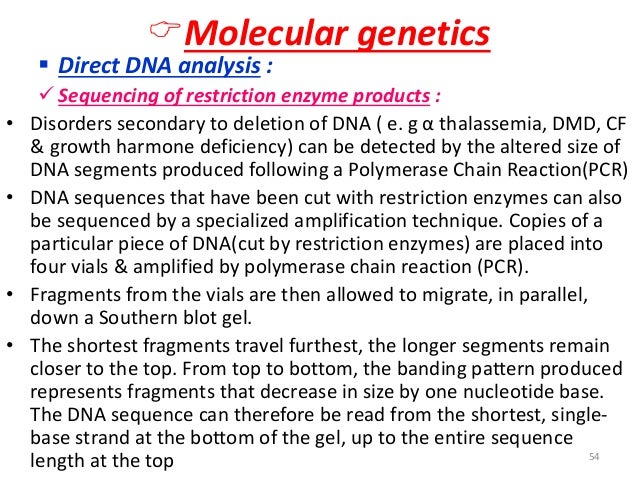 ïMolecular genetics  ï§ Direct DNA analysis :  ï¼ Sequencing of restriction enzyme products :  â¢ Disorders secondary to dele...