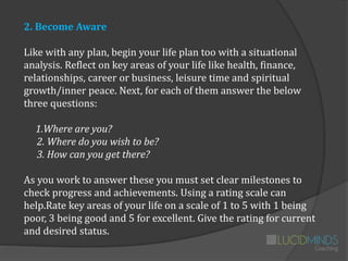 2. Become Aware
Like with any plan, begin your life plan too with a situational
analysis. Reflect on key areas of your lif...
