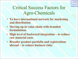 Critical Success Factors for Agro-Chemicals To have international network for marketing and distribution Moving up in value chain with branded formulations High level of backward integration – to reduce raw material costs Broader product portfolio and registrations abroad – to reduce business risks 