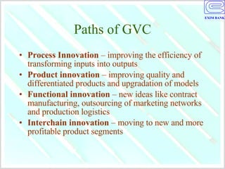 Paths of GVC Process Innovation  – improving the efficiency of transforming inputs into outputs Product innovation  – improving quality and differentiated products and upgradation of models Functional innovation  – new ideas like contract manufacturing, outsourcing of marketing networks and production logistics Interchain innovation  – moving to new and more profitable product segments 