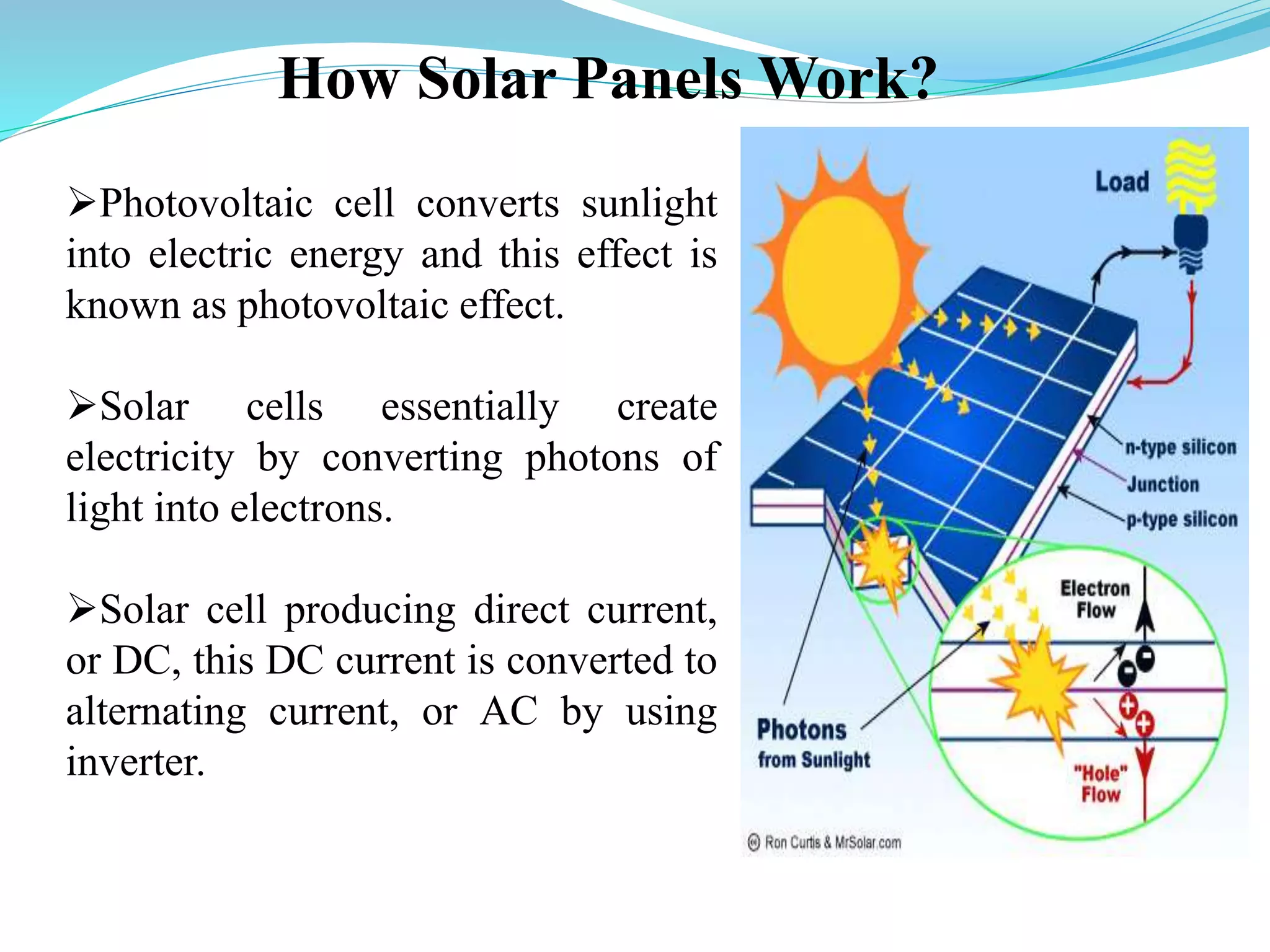 How Solar Panels Work?
Photovoltaic cell converts sunlight
into electric energy and this effect is
known as photovoltaic effect.
Solar cells essentially create
electricity by converting photons of
light into electrons.
Solar cell producing direct current,
or DC, this DC current is converted to
alternating current, or AC by using
inverter.
 