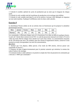5
1/ Calculer le nombre optimal de cycles de production par an ainsi que la longueur de chaque
cycle.
2/ Calculer le coût variable total de la politique de production et de stockage ainsi définie.
3/ Calculer le coût variable total dans le cas où les articles n’ont pas à être fabriqués en séquence
sur une seule machine. Expliquer la différence entre les deux coûts calculés.
Exercice 9
Le distributeur Prector achète un de ses articles chez un fournisseur qui lui propose le calendrier
promotionnel suivant :
Les commandes s’effectuent chaque mois et le fournisseur livre dans un délai de quelques heures.
Le prix de l’article (hors remise) est de 50 €. Le coût de possession mensuel est évalué à 2% de la
valeur du stock final de chaque mois calculé sur le prix hors remise. La consommation moyenne
est de 320 articles par mois. On souhaite, pour des raisons d’organisation interne, conserver à tout
moment un stock correspondant à un mois de consommation.
Questions
1/ Sachant que l’on dispose, début janvier, d’un stock de 600 articles, doit-on passer une
commande en janvier ?
2/ Proposez un plan d’approvisionnement pour le premier semestre qui minimise la somme des
coûts d’achat et de stockage.
3/ Comment évolue ce plan optimal si on prend en compte des frais de passation de commande qui
s’élèvent à 1 000 € par commande ?
 
