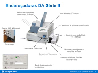 Endereçadoras DA Série S
                 Sensor de Calibração
                                                                     Interface com o Usuário
                 Automática de Papel




                                                                       Manutenção definida pelo Usuário
Portas USB & Ethernet



                                                                            Mode de Impressão Ligth
                                                                                 150 x 300 dpi



   Conectores

                         Controle de Espessura                            Memória expandida para
                                                                            suporte a gráficos
                                            Controle de Transporte

                                                                     Standard Windows 2000/XP
                                                                           Printer Drivers


                                        Controle de Aplicação
                                        no Desktop

                                                                                September 10, 2012 PBI Internal use only   4
 