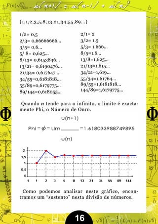 {1,1,2,3,5,8,13,21,34,55,89...}

1/2= 0,5                   2/1= 2
2/3= 0,66666666...         3/2= 1.5
3/5= 0,6...                5/3= 1.666...
5/ 8= 0,625...             8/5=1.6...
8/13= 0,6153846...         13/8=1,625...
13/21= 0,6190476...        21/13=1,615...
21/34= 0,617647 ...        34/21=1,619...
34/55=0,6181818...         55/34=1,61764...
55/89=0,6179775...         89/55=1,6181818...
89/144=0,618055...         144/89=1,6179775...

Quando n tende para o infinito, o limite é exacta-
mente Phi, o Número de Ouro.




  Como podemos analisar neste gráfico, encon-
tramos um “sustento” nesta divisão de números.



                         16
 