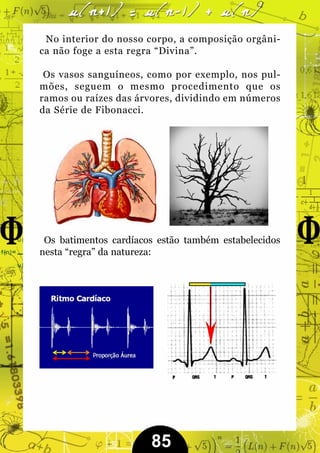 No interior do nosso corpo, a composição orgâni-
ca não foge a esta regra “Divina”.

 Os vasos sanguíneos, como por exemplo, nos pul-
mões, seguem o mesmo procedimento que os
ramos ou raízes das árvores, dividindo em números
da Série de Fibonacci.




 Os batimentos cardíacos estão também estabelecidos
nesta “regra” da natureza:




                       85
 