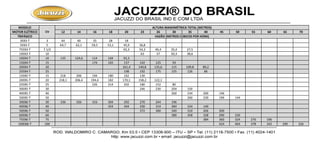 MODELO
MOTOR ELÉTRICO 12 14 16 18 20 23 26 30 35 40 45 50 55 60 65 70
TRIFÁSICO
3EB3-T 3 44 40 35 28 18
5EB3-T 5 64,7 62,1 59,5 53,1 45,9 36,8
75EB3-T 7.1/2 65,3 54,3 46,4 35,4 27,5
10EB3-T 10 63 57 50,3 38,6
10EB4-T 10 135 124,6 114 104 93,3
15EB4-T 15 174 165 157 142 125 93
20EB4-T 20 161,4 140,8 135,6 115 109,8 89,2
25EB4-T 25 198 192 175 155 126 86
15EB5-T 15 218 206 194 180 162 130
20EB5-T 20 218,1 206,4 194,4 182 170,1 158,2 122,1
25EB5-T 25 226 214 202 180 152 80
30EB5-T 30 246 230 204 150
40EB5-T 40 260 234 200 146
50EB5-T 50 260 230 196 144
30EB6-T 30 336 326 316 304 292 270 244 196
40EB6-T 40 354 344 330 314 284 234 140
50EB6-T 50 372 360 340 310 266 200
60EB6-T 60 380 358 328 290 230
75EB6-T 75 384 360 324 276 196
100EB6-T 100 424 404 378 342 290 226
CV
ALTURA MANOMÉTRICA TOTAL (METROS)
VAZÃO (METROS CÚBICOS POR HORA)