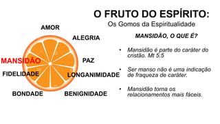 AMOR
O FRUTO DO ESPÍRITO:
Os Gomos da Espiritualidade
ALEGRIA
PAZ
LONGANIMIDADE
BENIGNIDADE
MANSIDÃO, O QUE É?
• Mansidão é parte do caráter do
cristão. Mt 5:5
• Ser manso não é uma indicação
de fraqueza de caráter.
• Mansidão torna os
relacionamentos mais fáceis.
BONDADE
FIDELIDADE
MANSIDÃO
 