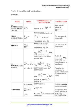 hppt://emersonmatematica.blogspot.com
Blog Prof. Emerson
7
hppt://emersonmatematica.blogspot.com
* Se L = 1, o teste falha (nada se pode afirmar).
RESUMO
TESTE SÉRIE
CONVERGÊNCIA ou
DIVERGÊNCIA
COMENTÁRIOS
da
DIVERGÊNCIA
ou do N-ÉSIMO
TERMO
DIVERGE se
Nada se pode
afirmar se
SÉRIE
GEOMÉTRICA
* CONVERGE e tem soma
se | r | < 1.
* DIVERGE se | r | 1
Útil para testes de
comparação
SÉRIE-P
* CONVERGE se p > 1
* DIVERGE se p 1
Útil para testes de
comparação
da
COMPARAÇÃO
no limite
e
an > 0, bn > 0
* Se , ,
então ambas as séries
CONVERGEM ou ambas
DIVERGEM.
* Se e
CONVERGE, então
CONVERGE.
* Se e
DIVERGE, então
DIVERGE.
A série de
comparação ,
é, em geral, uma
série geométrica ou
uma série-p.
Para achar bn,
consideram-se
apenas os termos de
an que têm maior
efeito.
de LEIBNIZ
ALTERNADA
an > 0
CONVERGE se:
*
* A série dos módulos é
decrescente.
Aplicável somente
a séries alternadas.
Se o primeiro item
é falso, aplica-se o
TESTE DA
DIVERGÊNCIA.
 