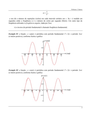 Fabiano J. Santos
2
T
1
 ,
e nos dá o número de repetições (ciclos) em cada intervalo unitário em t . Se t é medido em
segundos então a freqüência  é o número de ciclos por segundo (Hertz). Um outro tipo de
freqüência utilizada é a freqüência angular, dada por 2;
v) o inverso do período fundamental é chamado freqüência fundamental.
Exemplo 01: a função )sen(ty  é periódica com período fundamental 2T e período n2
(n inteiro positivo), conforme ilustra o gráfico
Exemplo 02: a função )cos(ty  é periódica com período fundamental 2T e período n2
(n inteiro positivo), conforme ilustra o gráfico
 