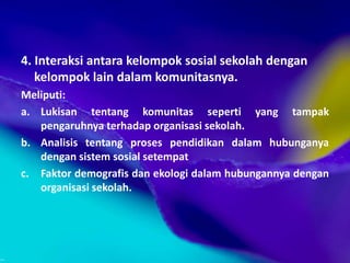 4. Interaksi antara kelompok sosial sekolah dengan
kelompok lain dalam komunitasnya.
Meliputi:
a. Lukisan tentang komunitas seperti yang tampak
pengaruhnya terhadap organisasi sekolah.
b. Analisis tentang proses pendidikan dalam hubunganya
dengan sistem sosial setempat
c. Faktor demografis dan ekologi dalam hubungannya dengan
organisasi sekolah.
 