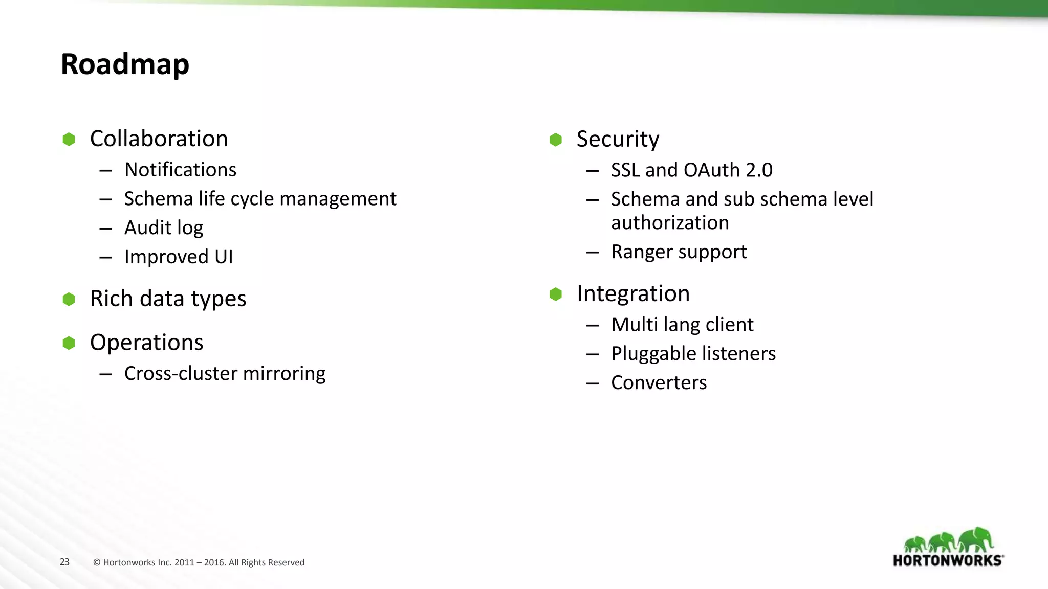 23 © Hortonworks Inc. 2011 – 2016. All Rights Reserved
Roadmap
 Collaboration
– Notifications
– Schema life cycle management
– Audit log
– Improved UI
 Rich data types
 Operations
– Cross-cluster mirroring
 Security
– SSL and OAuth 2.0
– Schema and sub schema level
authorization
– Ranger support
 Integration
– Multi lang client
– Pluggable listeners
– Converters
 