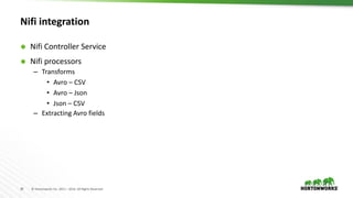 20 © Hortonworks Inc. 2011 – 2016. All Rights Reserved
Nifi integration
 Nifi Controller Service
 Nifi processors
– Transforms
• Avro – CSV
• Avro – Json
• Json – CSV
– Extracting Avro fields
 