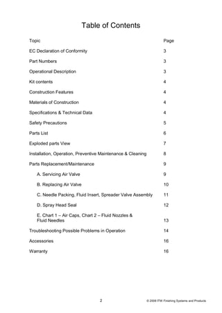 Table of Contents
Topic                                                                   Page

EC Declaration of Conformity                                            3

Part Numbers                                                            3

Operational Description                                                 3

Kit contents                                                            4

Construction Features                                                   4

Materials of Construction                                               4

Specifications & Technical Data                                         4

Safety Precautions                                                      5

Parts List                                                              6

Exploded parts View                                                     7

Installation, Operation, Preventive Maintenance & Cleaning              8

Parts Replacement/Maintenance                                           9

    A. Servicing Air Valve                                              9

    B. Replacing Air Valve                                              10

    C. Needle Packing, Fluid Insert, Spreader Valve Assembly            11

    D. Spray Head Seal                                                  12

    E. Chart 1 – Air Caps, Chart 2 – Fluid Nozzles &
    Fluid Needles                                                       13

Troubleshooting Possible Problems in Operation                          14

Accessories                                                             16

Warranty                                                                16




                                   2                         © 2008 ITW Finishing Systems and Products
 