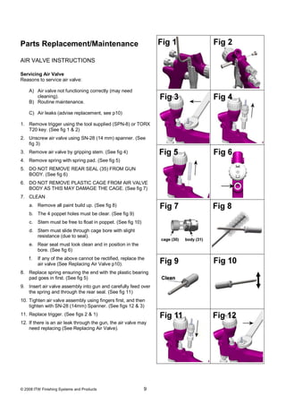 Parts Replacement/Maintenance

AIR VALVE INSTRUCTIONS

Servicing Air Valve
Reasons to service air valve:

    A) Air valve not functioning correctly (may need
       cleaning).
    B) Routine maintenance.

    C) Air leaks (advise replacement, see p10)

1. Remove trigger using the tool supplied (SPN-8) or TORX
   T20 key. (See fig 1 & 2)
2. Unscrew air valve using SN-28 (14 mm) spanner. (See
   fig 3)
3. Remove air valve by gripping stem. (See fig 4)
4. Remove spring with spring pad. (See fig 5)
5. DO NOT REMOVE REAR SEAL (35) FROM GUN
   BODY. (See fig 6)
6. DO NOT REMOVE PLASTIC CAGE FROM AIR VALVE
   BODY AS THIS MAY DAMAGE THE CAGE. (See fig 7)
7. CLEAN
    a. Remove all paint build up. (See fig 8)
    b. The 4 poppet holes must be clear. (See fig 9)
    c. Stem must be free to float in poppet. (See fig 10)
    d. Stem must slide through cage bore with slight
       resistance (due to seal).
    e. Rear seal must look clean and in position in the
       bore. (See fig 6)
    f.   If any of the above cannot be rectified, replace the
         air valve (See Replacing Air Valve p10).
8. Replace spring ensuring the end with the plastic bearing
   pad goes in first. (See fig 5)
9. Insert air valve assembly into gun and carefully feed over
   the spring and through the rear seal. (See fig 11)
10. Tighten air valve assembly using fingers first, and then
    tighten with SN-28 (14mm) Spanner. (See figs 12 & 3)
11. Replace trigger. (See figs 2 & 1)
12. If there is an air leak through the gun, the air valve may
    need replacing (See Replacing Air Valve).




© 2008 ITW Finishing Systems and Products                   9
 