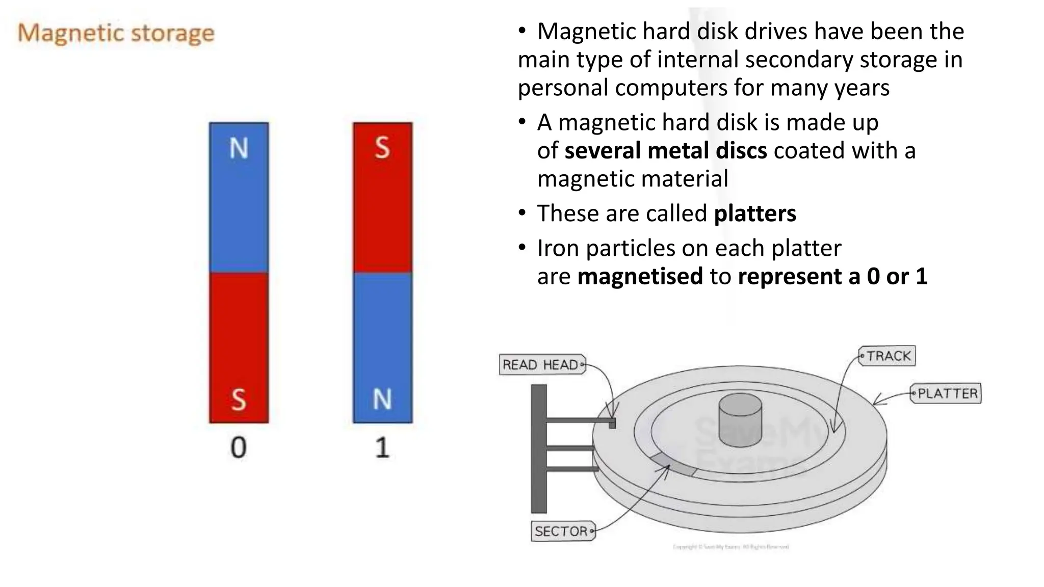 • Magnetic hard disk drives have been the
main type of internal secondary storage in
personal computers for many years
• A magnetic hard disk is made up
of several metal discs coated with a
magnetic material
• These are called platters
• Iron particles on each platter
are magnetised to represent a 0 or 1
 