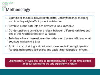 Methodology
1. Examine all the data individually to better understand their meaning
and how they might affect patient satisfaction
2. Combine all the data into one dataset to run a model on
3. Conduct pairwise correlation analysis between different variables and
one of the Patient Satisfaction variables
4. Train basic linear regression and/or a decision tree model to see what
structure exists in the data
5. Split data into training and test sets for models built using important
features from correlation charts and basic linear regression models
Unfortunately , we were only able to accomplish Steps 1-4 in the time allotted,
thus our conclusions are very exploratory in nature
 