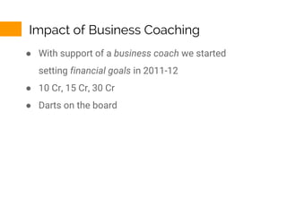 ● With support of a business coach we started
setting financial goals in 2011-12
● 10 Cr, 15 Cr, 30 Cr
● Darts on the boar...