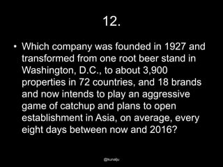 12.
• Which company was founded in 1927 and
transformed from one root beer stand in
Washington, D.C., to about 3,900
properties in 72 countries, and 18 brands
and now intends to play an aggressive
game of catchup and plans to open
establishment in Asia, on average, every
eight days between now and 2016?
@kunalju

 