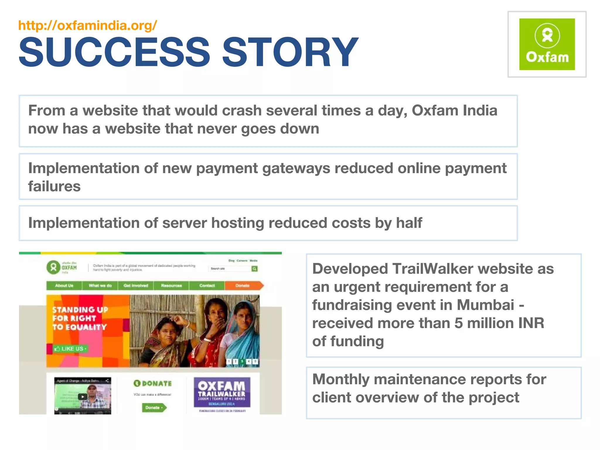 http://oxfamindia.org/ 
SUCCESS STORY 
From a website that would crash several times a day, Oxfam India 
now has a website that never goes down 
Implementation of new payment gateways reduced online payment 
failures 
Implementation of server hosting reduced costs by half 
Developed TrailWalker website as 
an urgent requirement for a 
fundraising event in Mumbai - 
received more than 5 million INR 
of funding 
Monthly maintenance reports for 
client overview of the project 
 