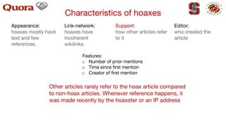 Other articles rarely refer to the hoax article compared
to non-hoax articles. Whenever reference happens, it
was made recently by the hoaxster or an IP address
Features:
o Number of prior mentions
o Time since first mention
o Creator of first mention
Characteristics of hoaxes
Appearance:
hoaxes mostly have
text and few
references.
Link-network:
hoaxes have
incoherent
wikilinks.
Support:
how other articles refer
to it
Editor:
who created the
article
 