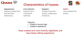 Hoax creators are more recently registered, and
have lesser editing experience.
Features:
o Creator’s account age
o Creator’s experience
Characteristics of hoaxes
Appearance:
hoaxes mostly have
text and few
references.
Link-network:
hoaxes have
incoherent
wikilinks.
Support:
hoaxes have few,
recent, suspicious
mentions.
Editor:
who created the
article
 