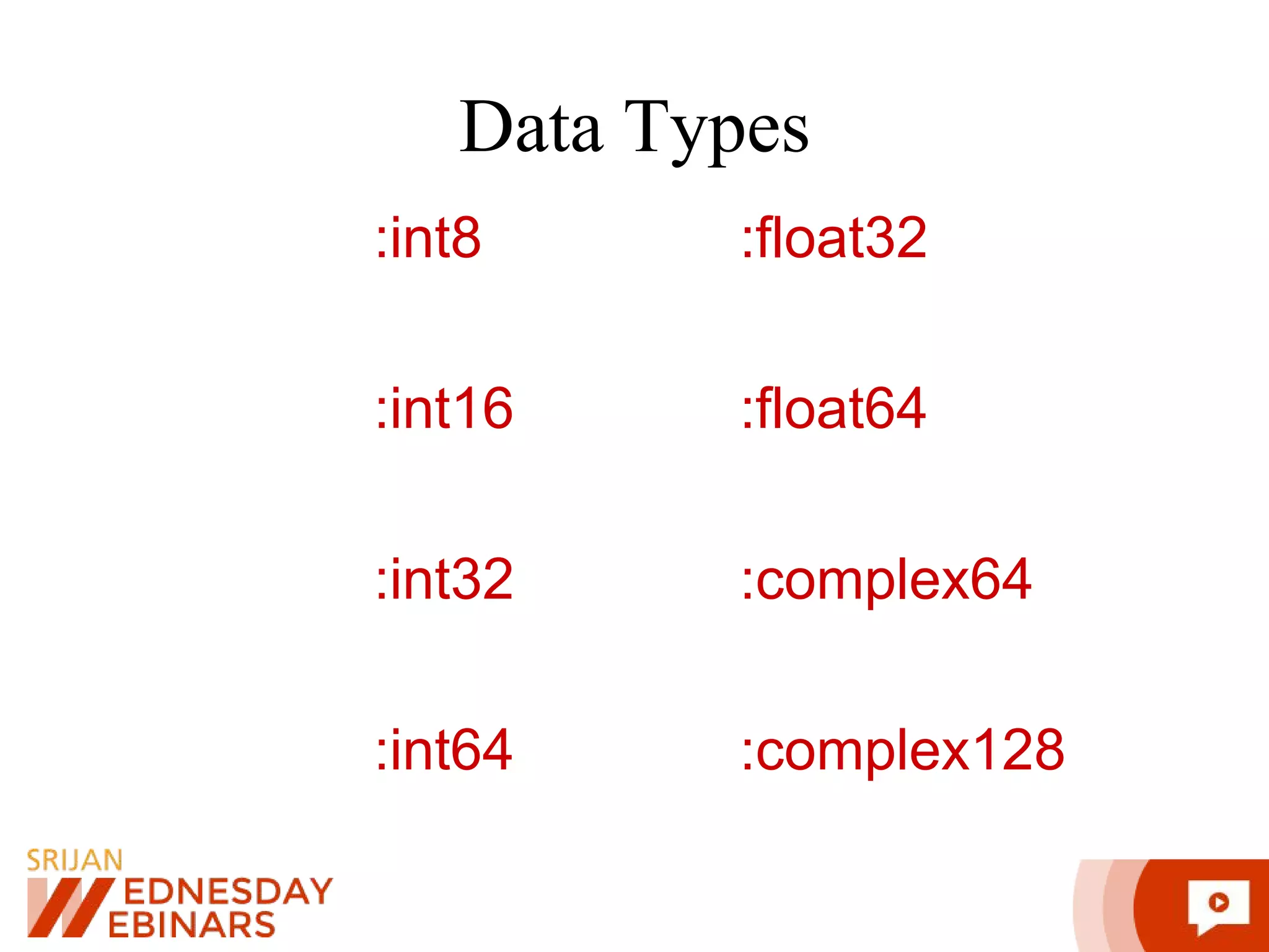 Data Types :int8 :float32 :int16 :float64 :int32 :complex64 :int64 :complex128 