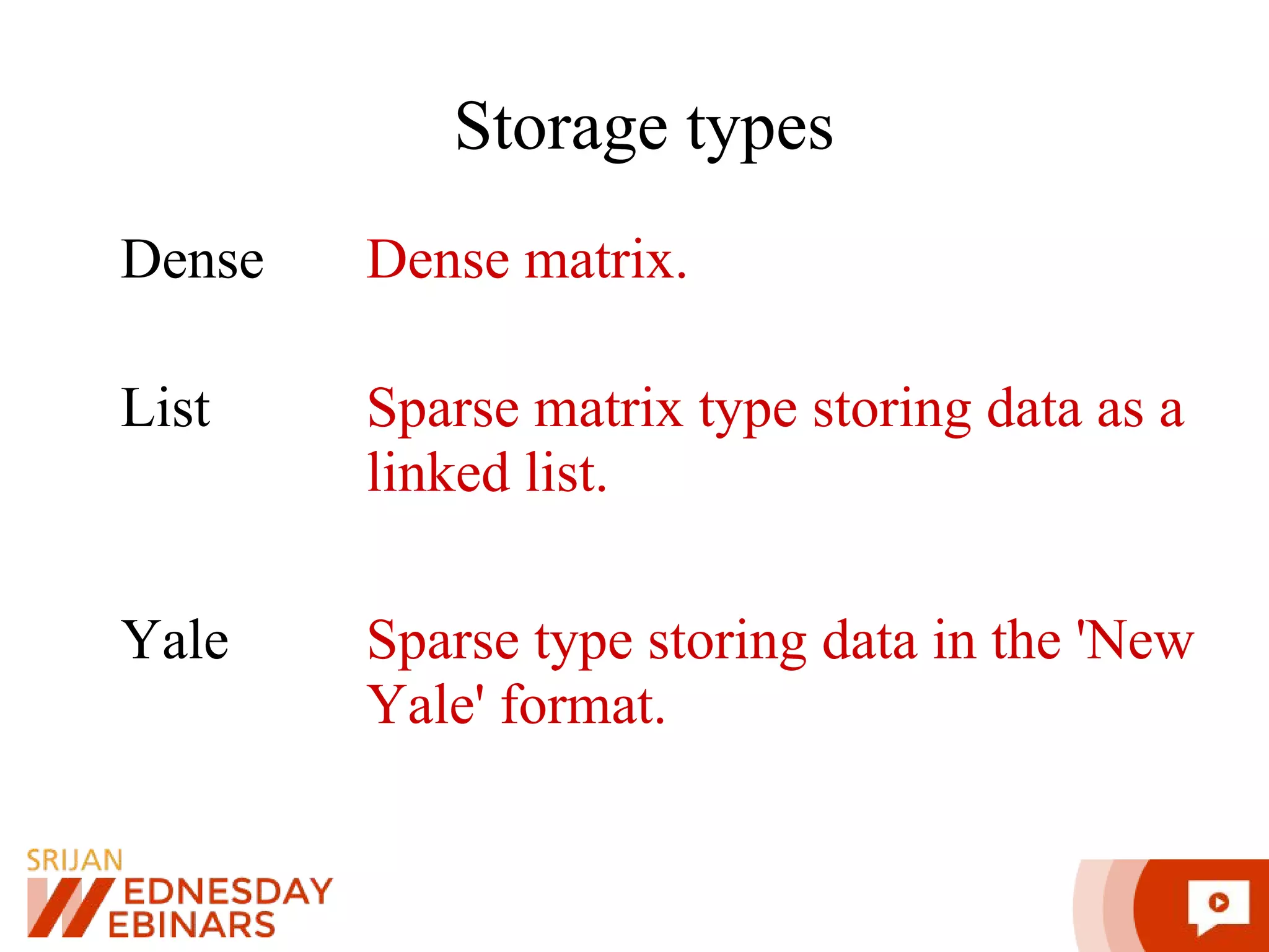 Storage types Dense Dense matrix. List Sparse matrix type storing data as a linked list. Yale Sparse type storing data in the 'New Yale' format. 