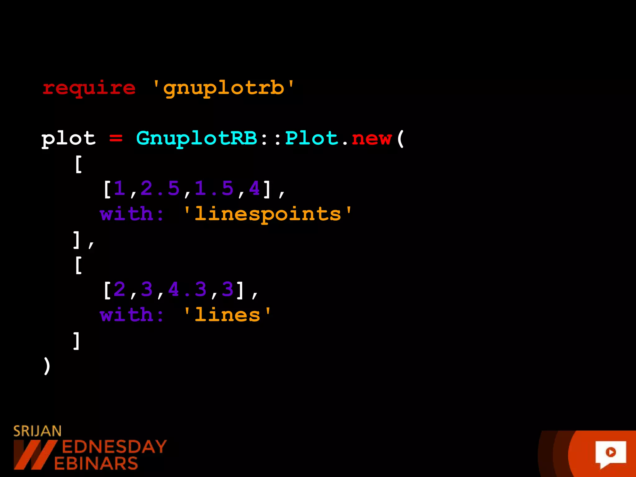 require 'gnuplotrb' plot = GnuplotRB::Plot.new( [ [1,2.5,1.5,4], with: 'linespoints' ], [ [2,3,4.3,3], with: 'lines' ] ) 