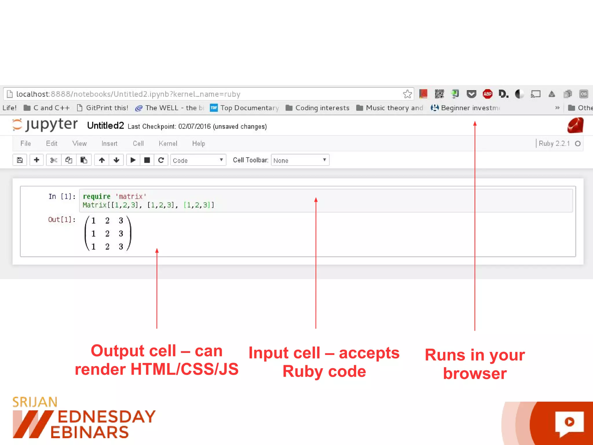 Runs in your browser Input cell – accepts Ruby code Output cell – can render HTML/CSS/JS 