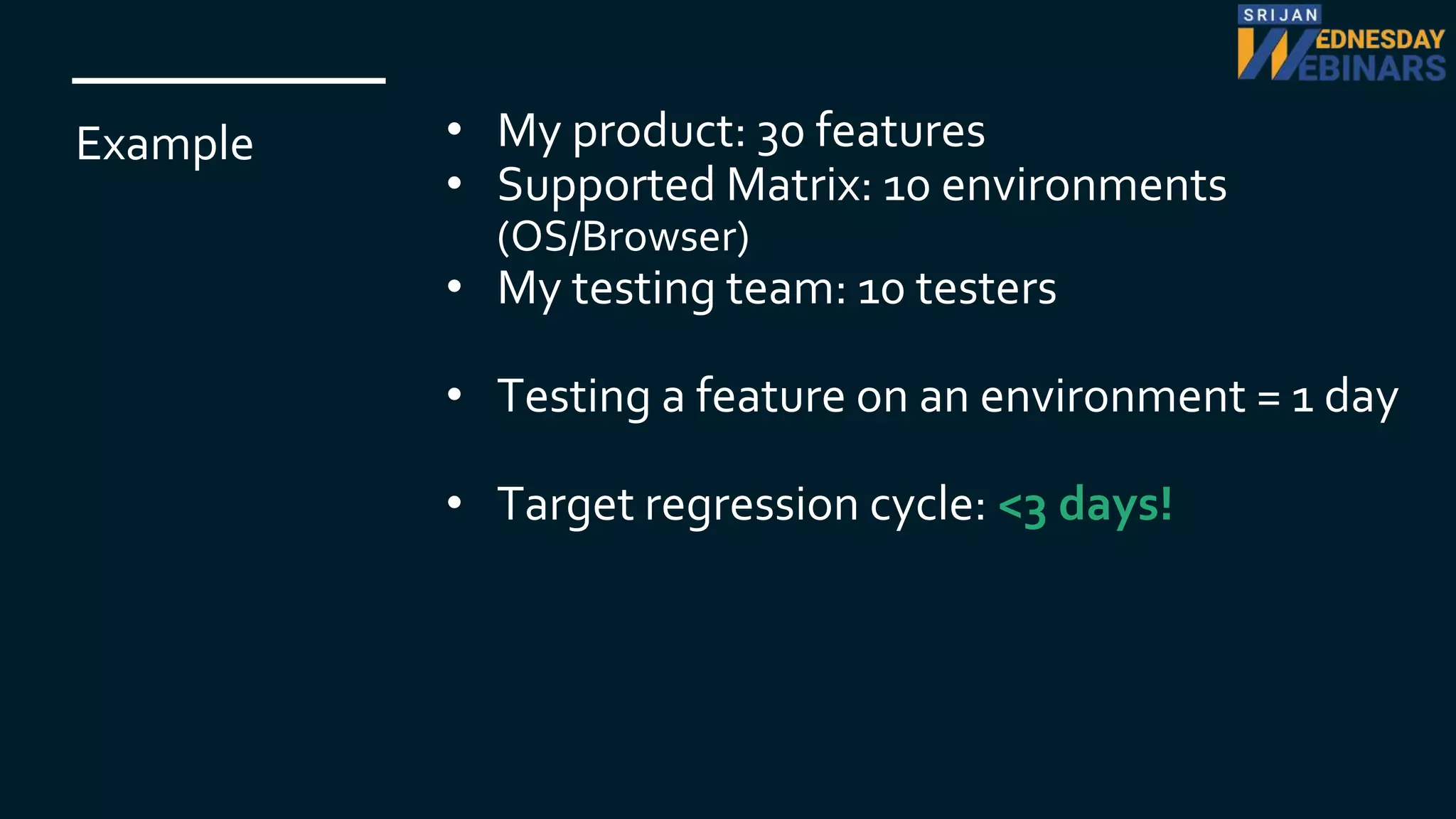 Example • My product: 30 features
• Supported Matrix: 10 environments
(OS/Browser)
• My testing team: 10 testers
• Testing a feature on an environment = 1 day
• Target regression cycle: <3 days!
 