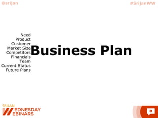 Business Plan
@srijan #SrijanWW
Need
Product
Customer
Market Size
Competitors
Financials
Team
Current Status
Future Plans