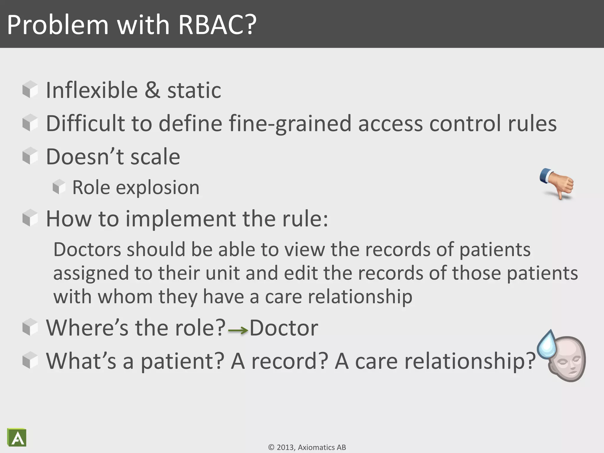 © 2013, Axiomatics AB
Inflexible & static
Difficult to define fine-grained access control rules
Doesn’t scale
Role explosion
How to implement the rule:
Doctors should be able to view the records of patients
assigned to their unit and edit the records of those patients
with whom they have a care relationship
Where’s the role? Doctor
What’s a patient? A record? A care relationship?
Problem with RBAC?
 
