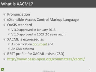 © 2013, Axiomatics AB
Pronunciation
eXtensible Access Control Markup Language
OASIS standard
V 3.0 approved in January 2013
V 1.0 approved in 2003 (10 years ago!)
XACML is expressed as
A specification document and
An XML schema
REST profile for XACML exists (CSD)
http://www.oasis-open.org/committees/xacml/
14
What is XACML?
 