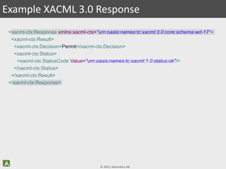 © 2013, Axiomatics AB
<xacml-ctx:Response xmlns:xacml-ctx="urn:oasis:names:tc:xacml:3.0:core:schema:wd-17">
<xacml-ctx:Result>
<xacml-ctx:Decision>Permit</xacml-ctx:Decision>
<xacml-ctx:Status>
<xacml-ctx:StatusCode Value="urn:oasis:names:tc:xacml:1.0:status:ok"/>
</xacml-ctx:Status>
</xacml-ctx:Result>
</xacml-ctx:Response>
Example XACML 3.0 Response
 